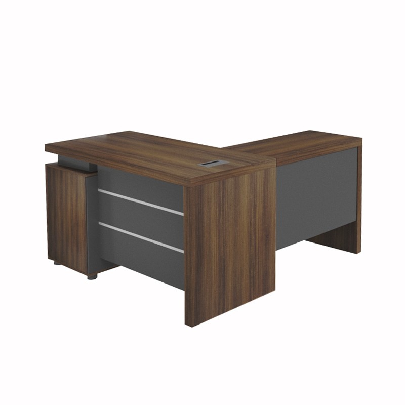 KENO-140L Executive L-Shape Table with 3 Drawers – Walnut Grey
