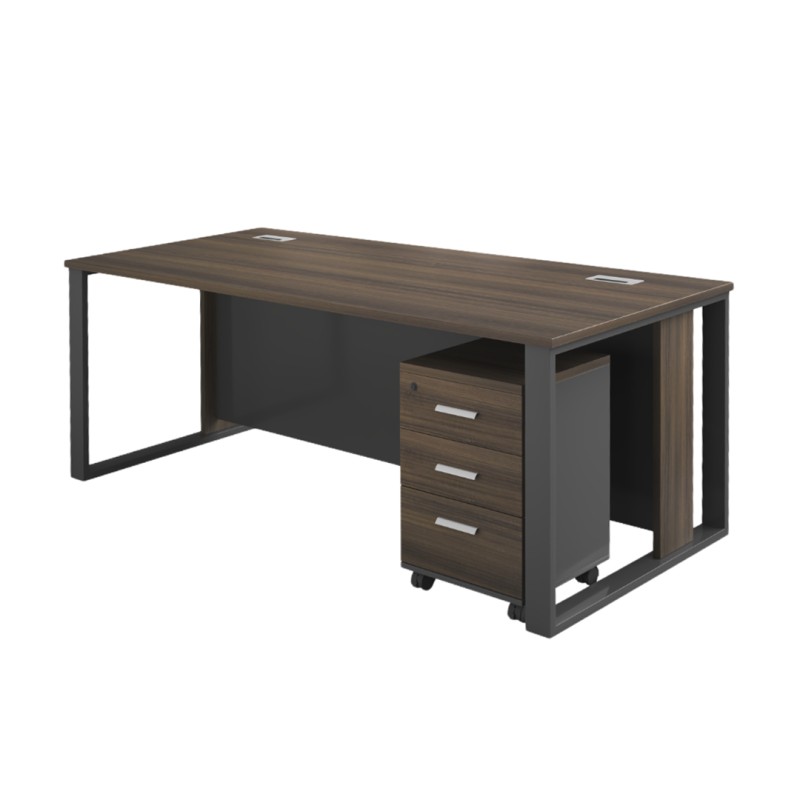MTL-160 Office Table with Metal Legs & Pedestal Drawer – Walnut Grey