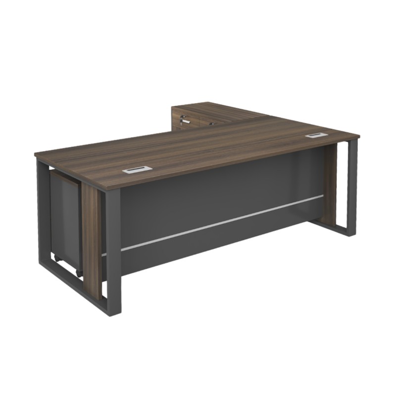 MTL-160LP Office Table with Side Table & Pedestal Drawer – Walnut Grey