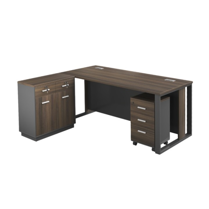 MTL-140LP Office Table with Side Table & Pedestal Drawer – Walnut Grey
