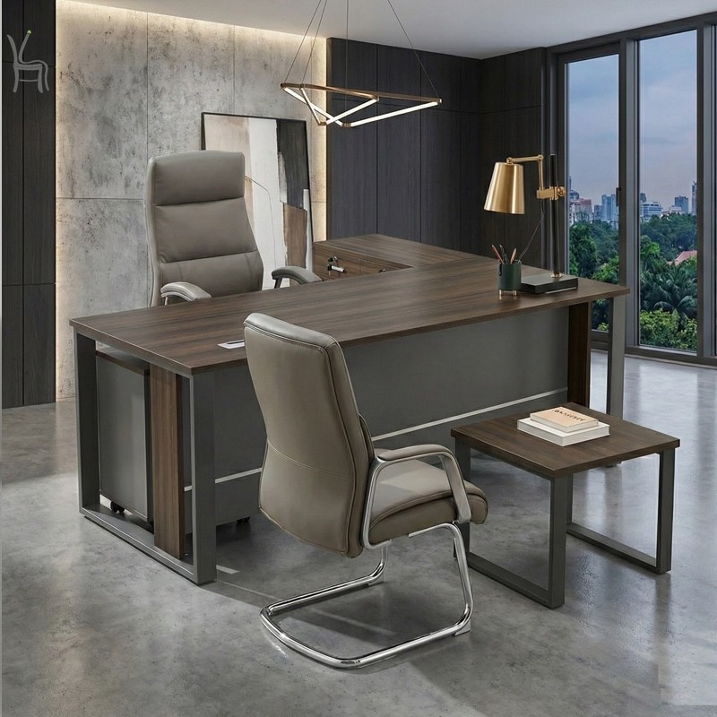 MTL-200LP Office Table with Side Table & Pedestal Drawer – Walnut Grey