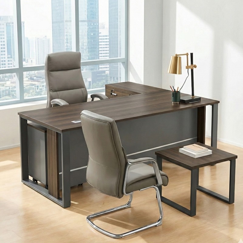 MTL-180L Office Table with Side Table – Walnut Grey