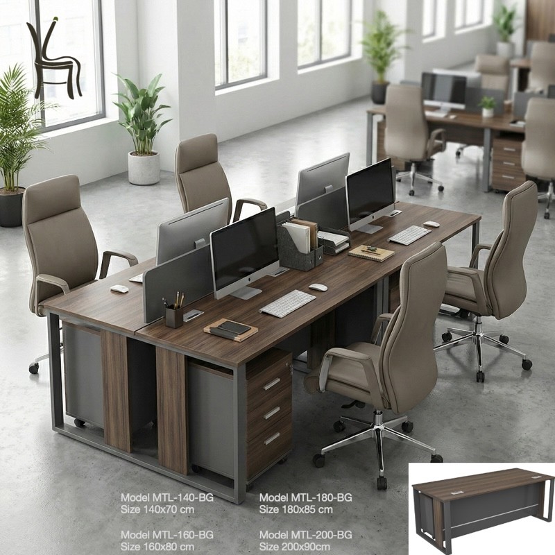 MTL-140 Office Table with Metal Legs & Pedestal Drawer – Walnut Grey