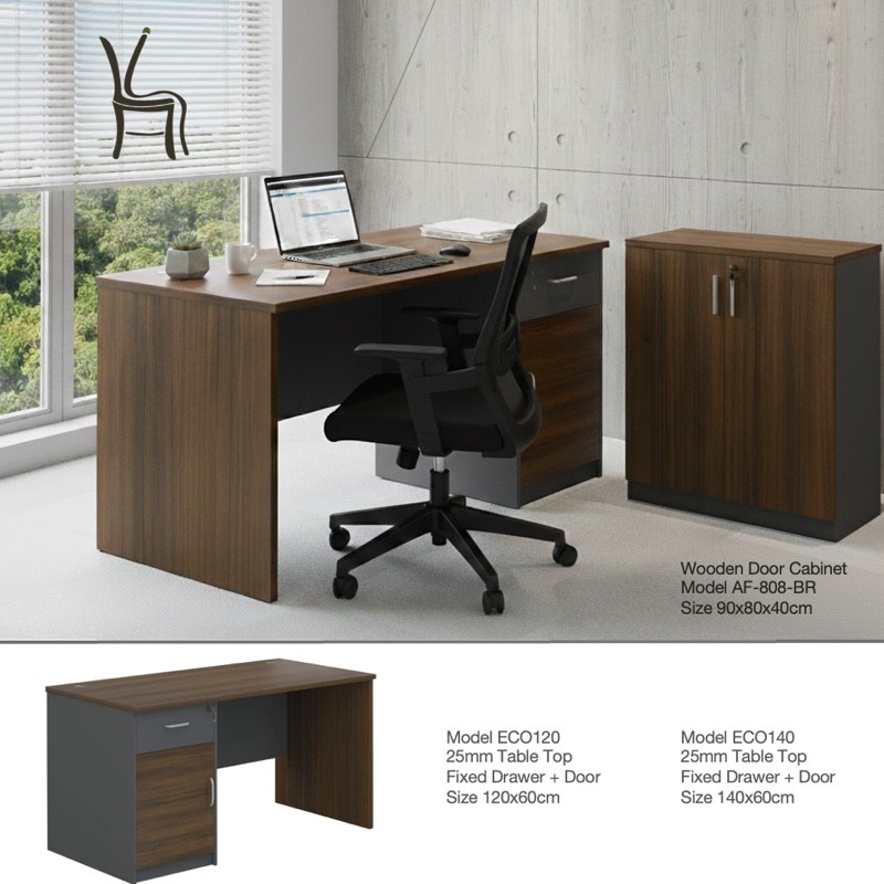 ECO140 Office Table with Drawer & Door – Walnut Grey