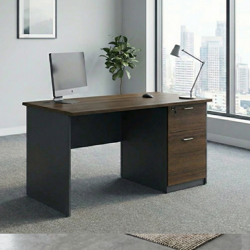 ECO-D028-140 Office Table with 2 Drawers – Walnut & Grey