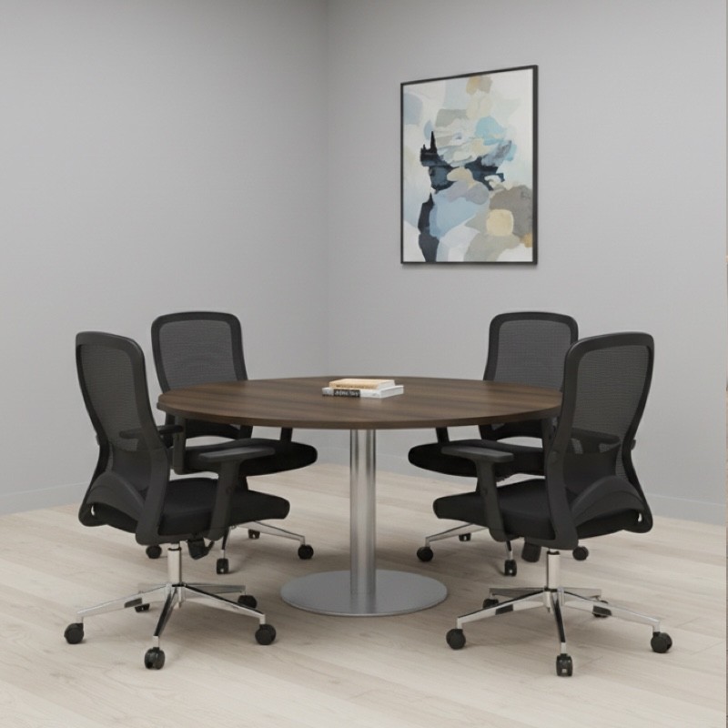 RT-MT-120-BG Round Meeting Table with Chrome Legs – Walnut Finish