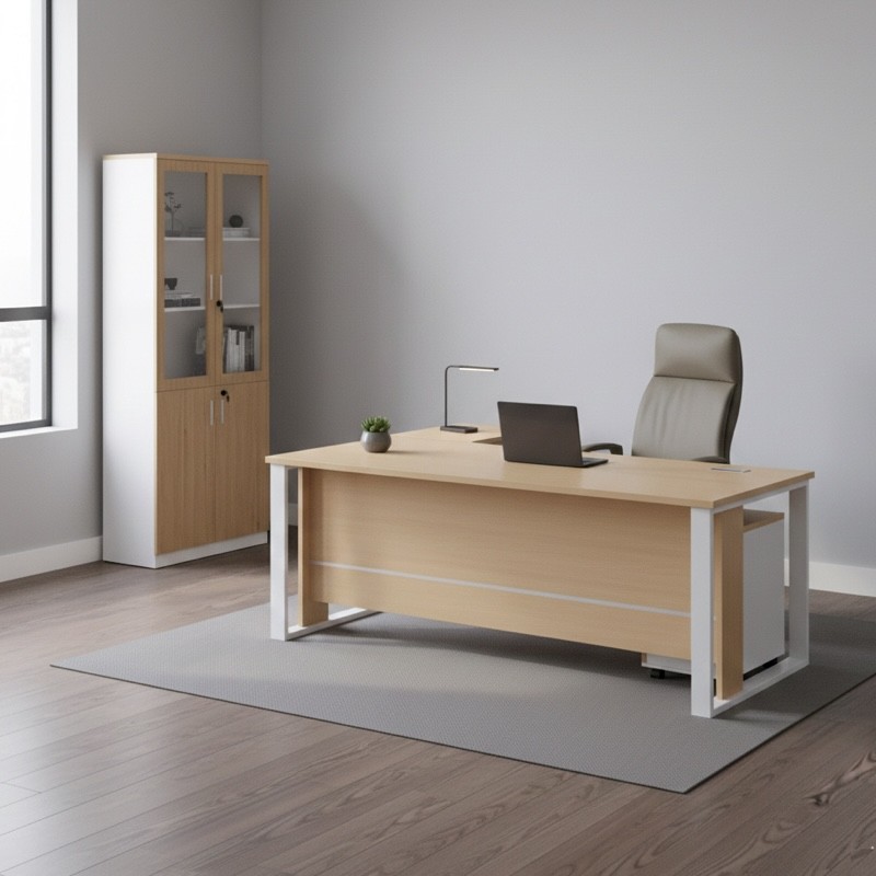 MTL-180LP-OAK Office Table with Side Table & Pedestal Drawer