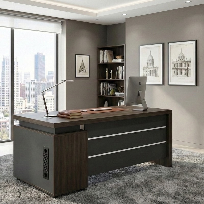 KENO-140 Executive Table with 3 Drawers – Walnut Grey
